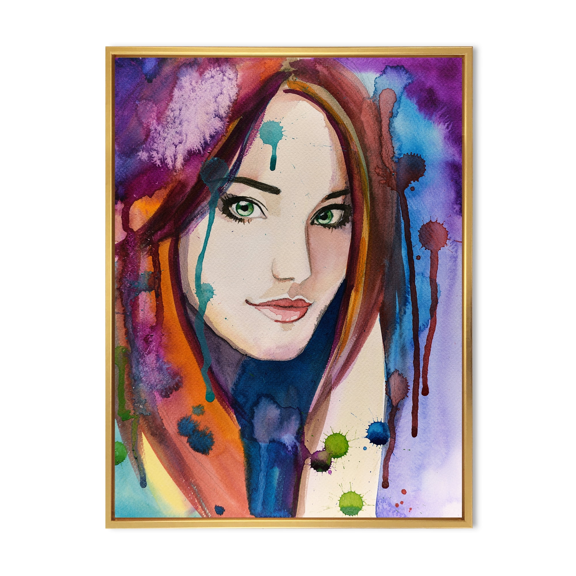 Designart 'Colorful Portrait Of Green Eyes Young Woman' Traditional Framed Canvas Wall Art Print