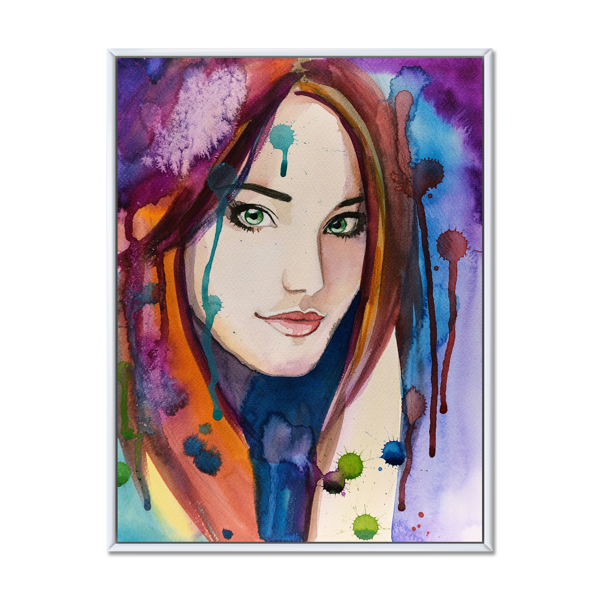 Designart 'Colorful Portrait Of Green Eyes Young Woman' Traditional Framed Canvas Wall Art Print