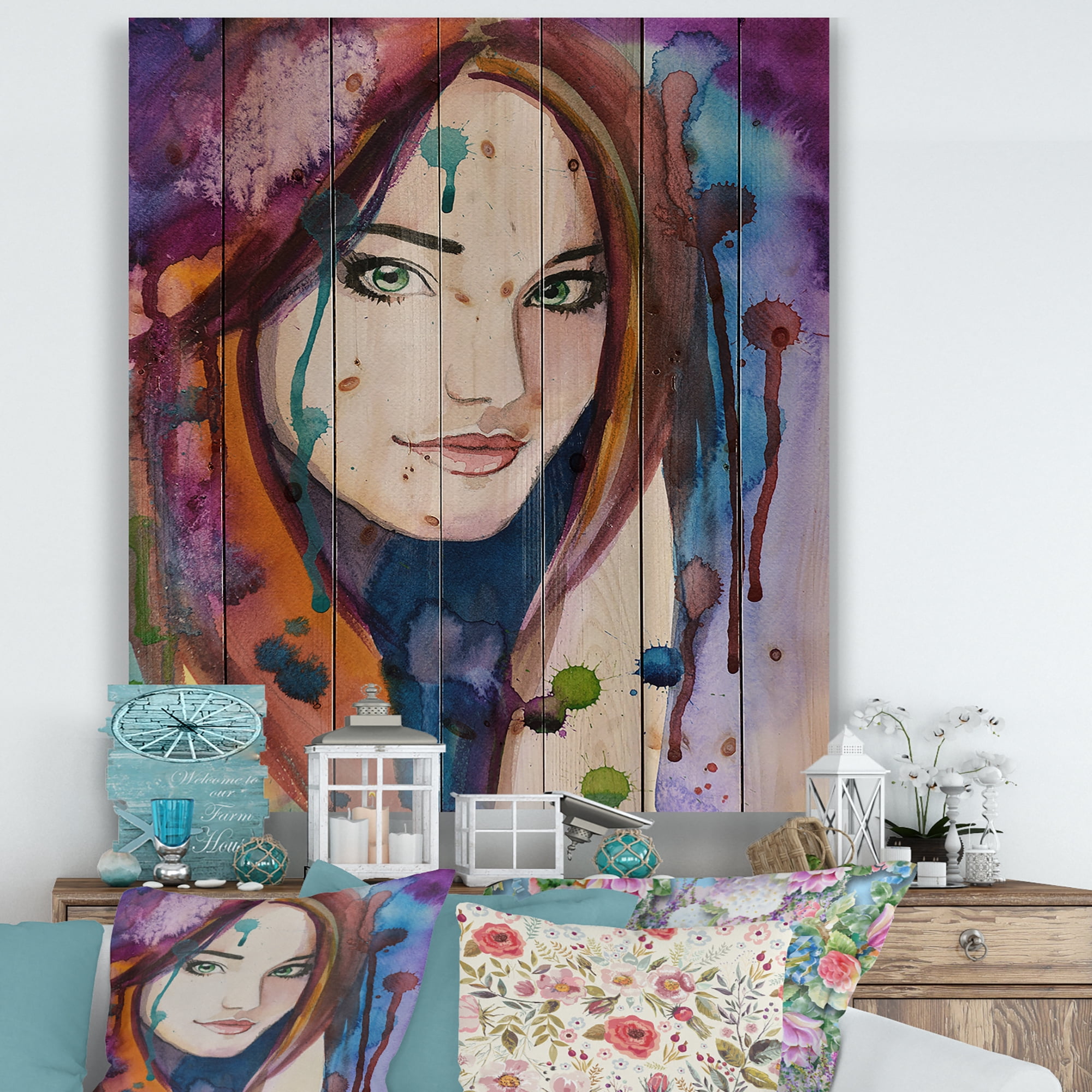 Designart 'Colorful Portrait Of Green Eyes Young Woman' Traditional Print on Natural Pine Wood