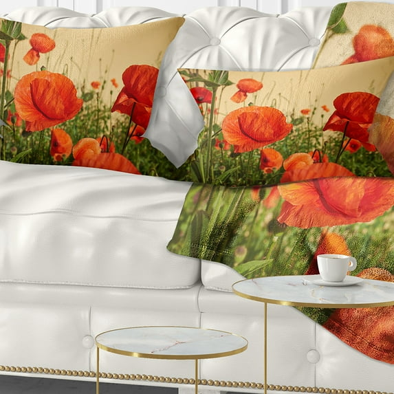 Designart Colorful Red Poppy Flower Field - Flower Throw Pillow - 12x20
