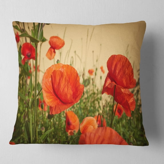 Designart Colorful Red Poppy Flower Field - Flower Throw Pillow - 16x16