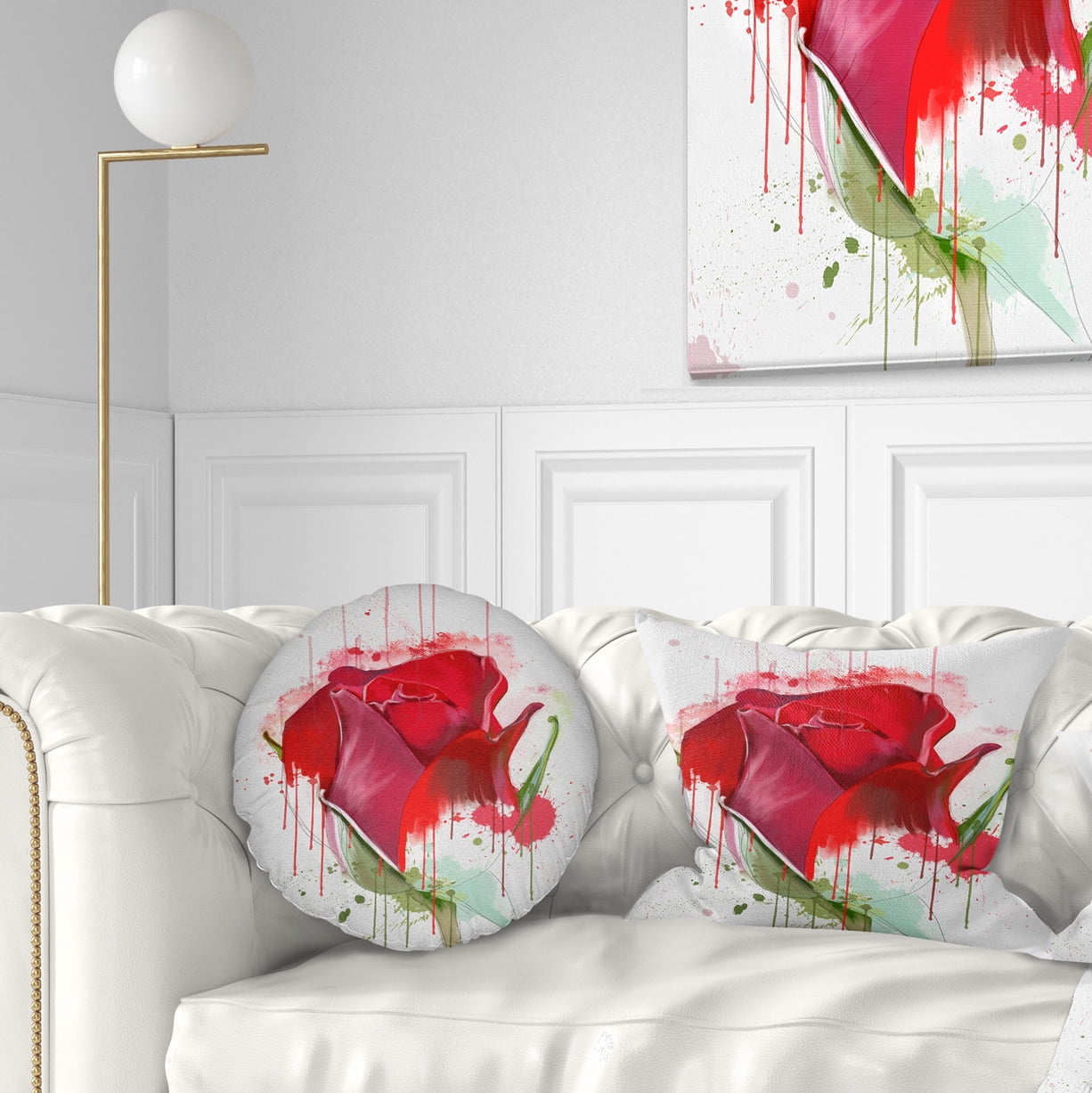 Designart Colorful Red Rose Sketch Watercolor - Floral Throw Pillow - 12x20