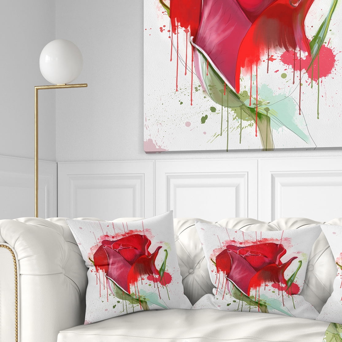 Designart Colorful Red Rose Sketch Watercolor - Floral Throw Pillow - 16x16