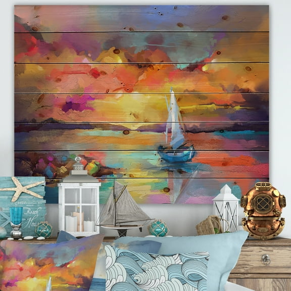 Designart 'Colorful Reflections With Sunset II' Modern Print on Natural Pine Wood