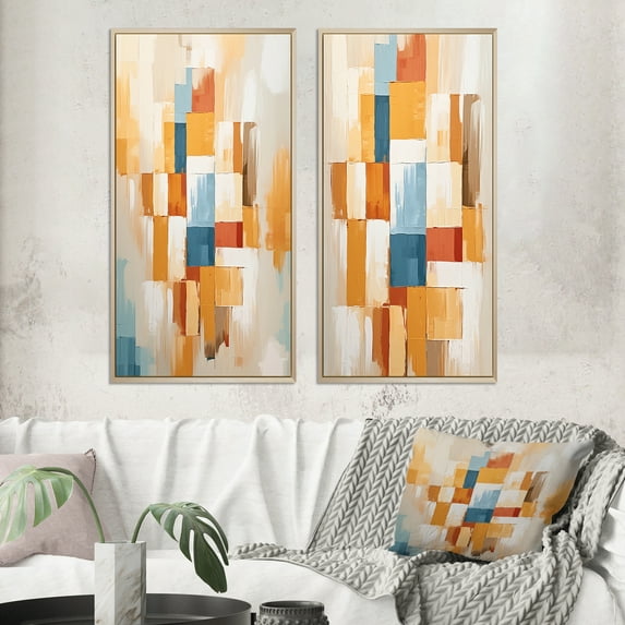Designart "Colorful Retrovisions Beige Blue" Modern Midcentury Framed Wall Art Set Of 2 - Mid-Century Beige Gallery Wall Frame Set For Home Decor