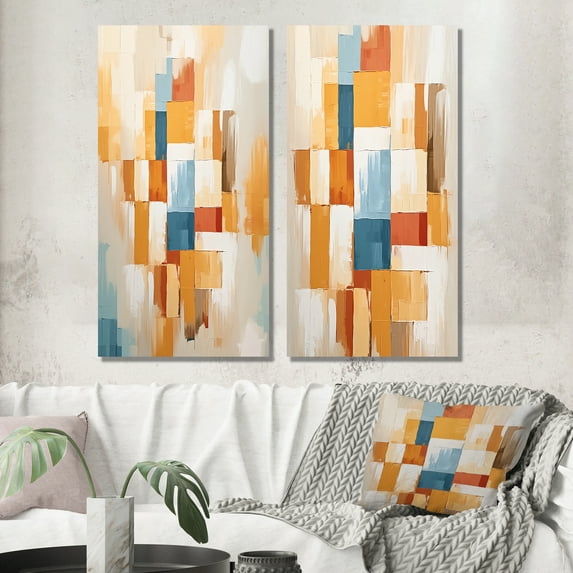 Designart "Colorful Retrovisions Beige Blue" Modern Midcentury Wall Art Set Of 2 - Mid-Century Beige Gallery Wall Set For Home Decor