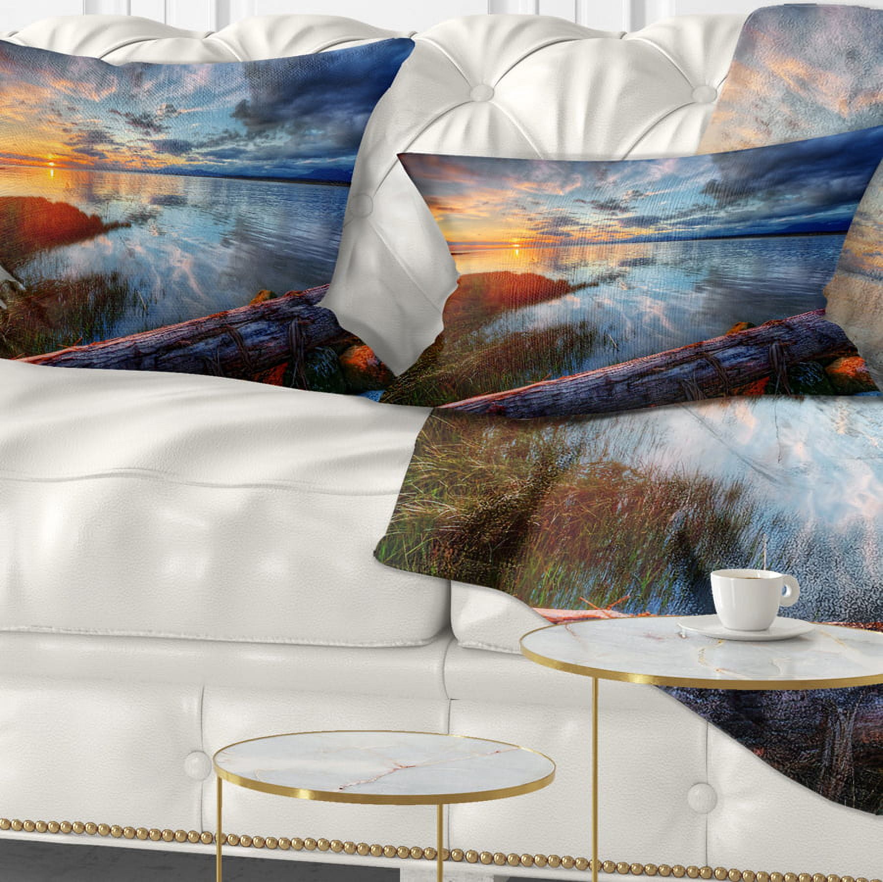 Designart Colorful River Sunset With Log - Seashore Throw Pillow - 12x20
