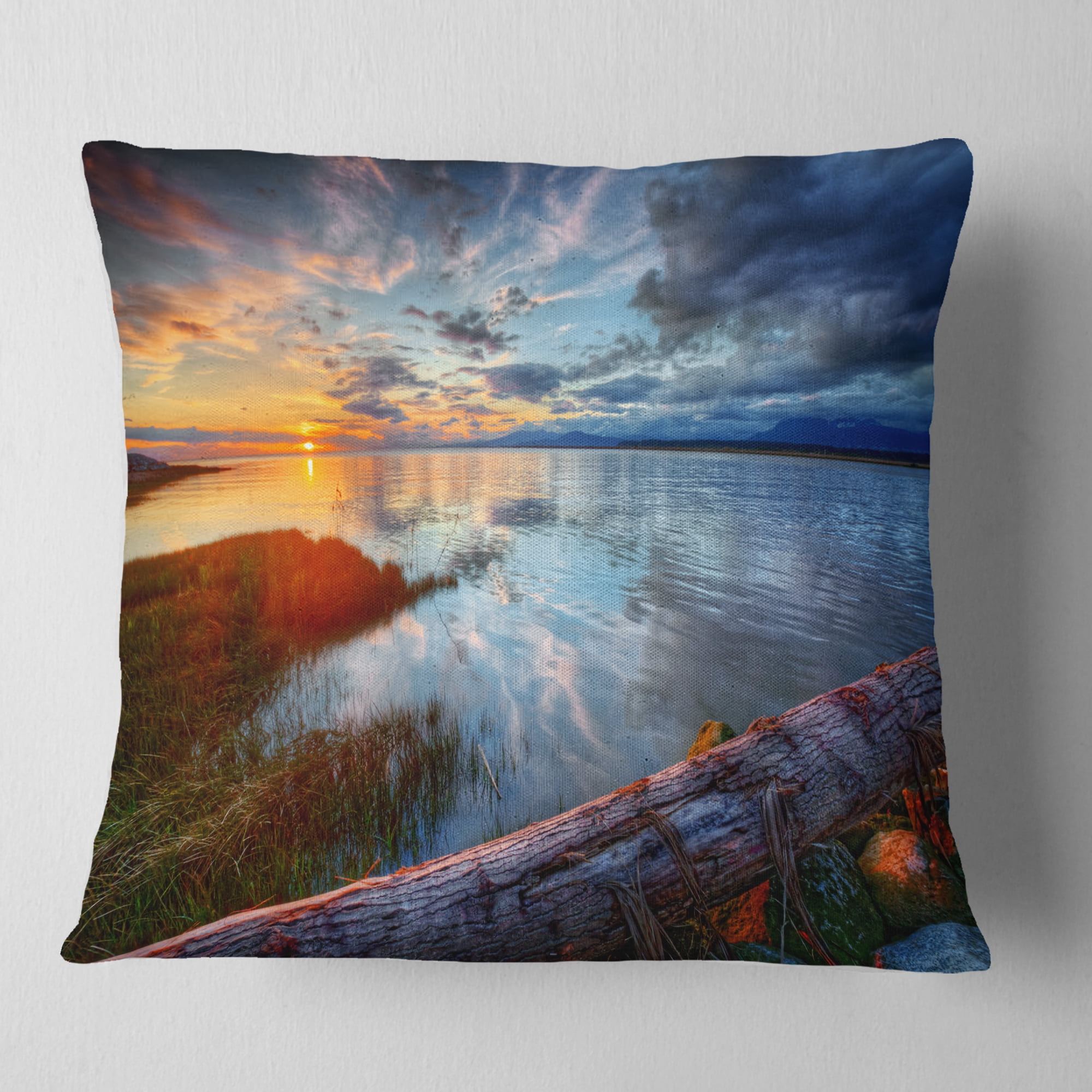 Designart Colorful River Sunset With Log - Seashore Throw Pillow - 16x16