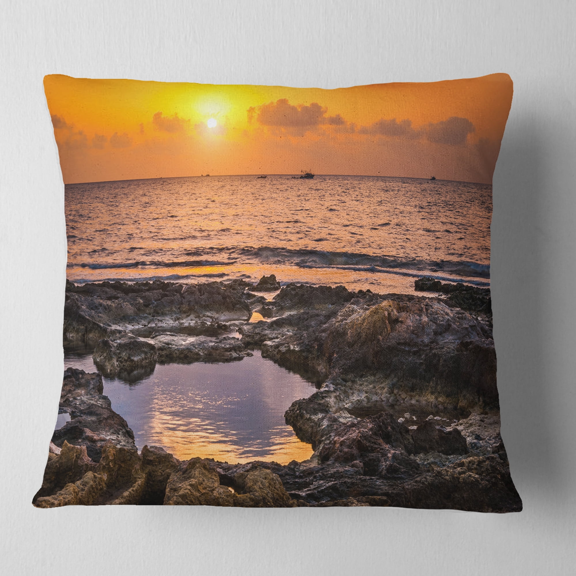 Designart Colorful Rocky Coast at Sunset - Oversized Beach Throw Pillow - 16x16