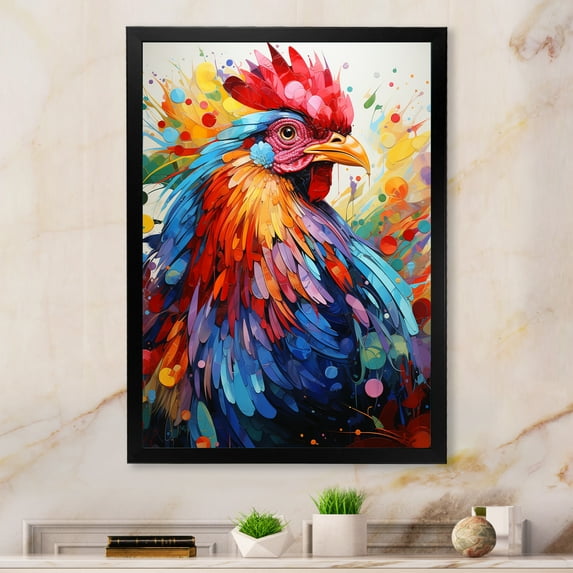 Designart "Colorful Rooster Pop Art" Animals Framed Wall Art - Traditional Red Rooster Hallway Framed Wall Art Decor