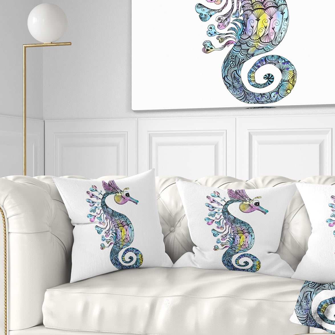 Designart Colorful Seahorse Watercolor - Animal Throw Pillow - 16x16