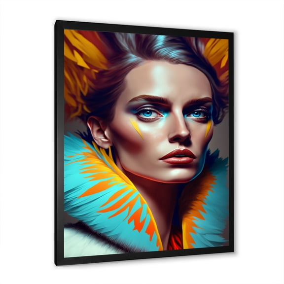 Designart Colorful Sensual Woman In Fur Coat II Framed Wall Art