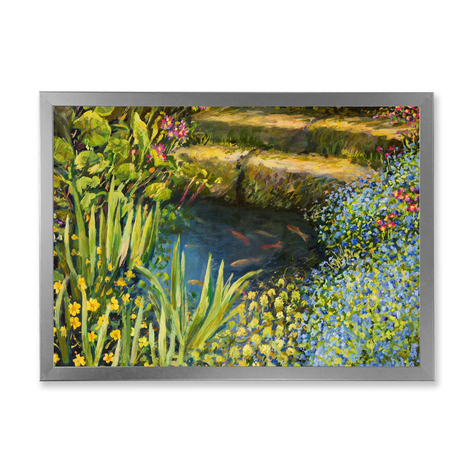 Designart 'Colorful Silence Flowers At The Lake Side' Lake House Framed Art Print