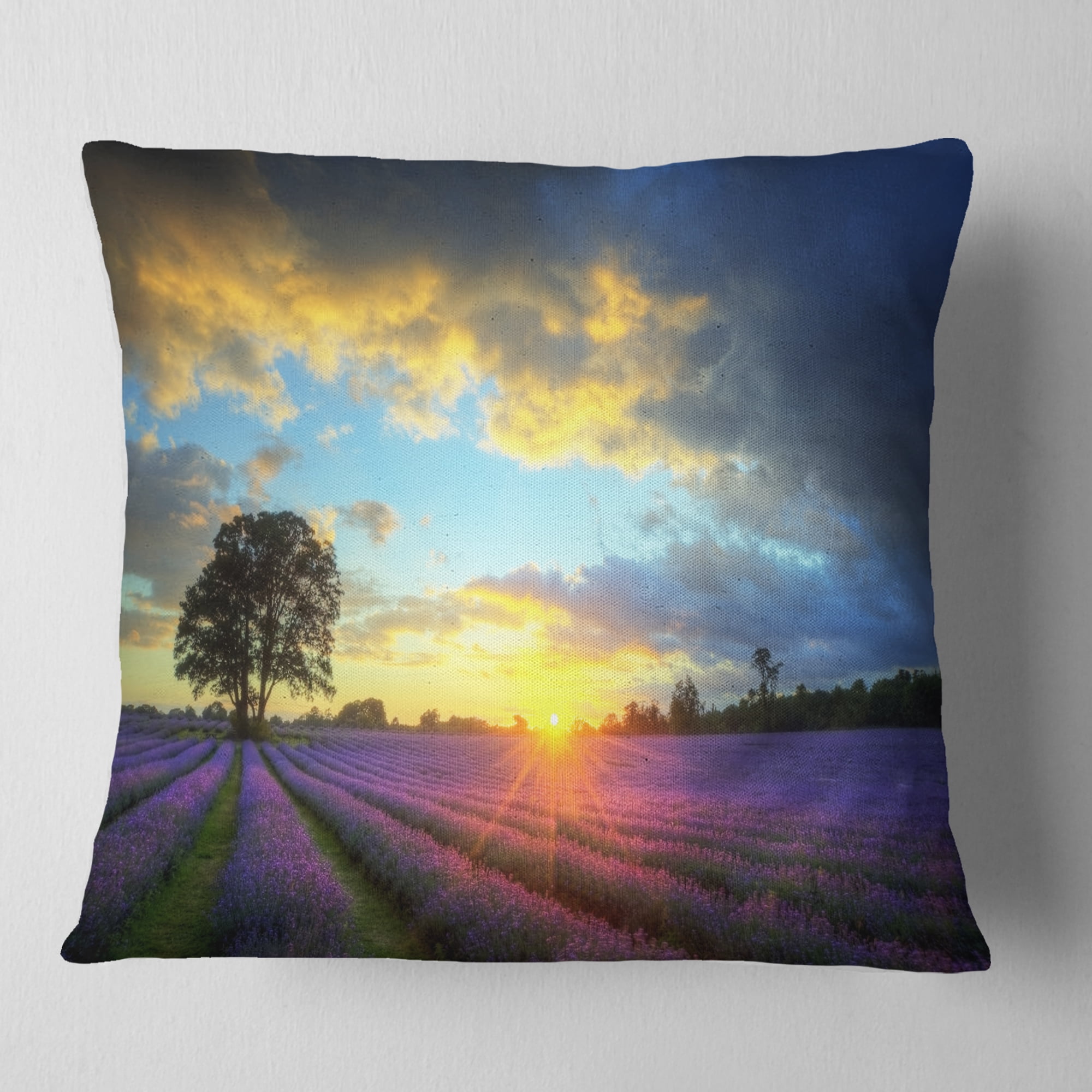 Designart Colorful Sky over Vibrant Lavender Field - Floral Throw Pillow - 16x16