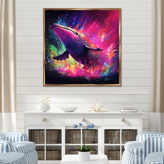 Designart "Colorful Song of the Abstract Whale" Animals Framed Wall Art - Colorful Whale Entryway Framed Wall Art