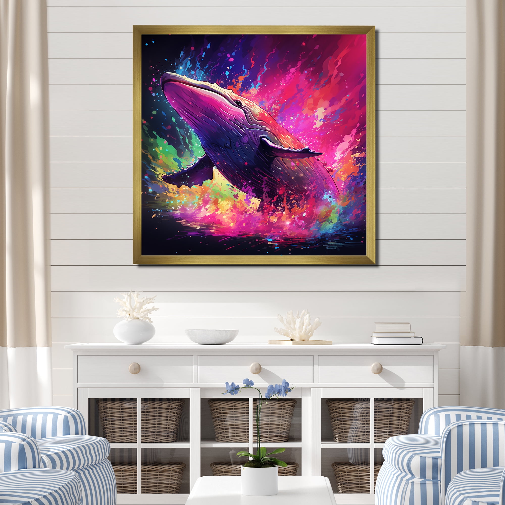 Designart "Colorful Song of the Abstract Whale" Animals Framed Wall Art