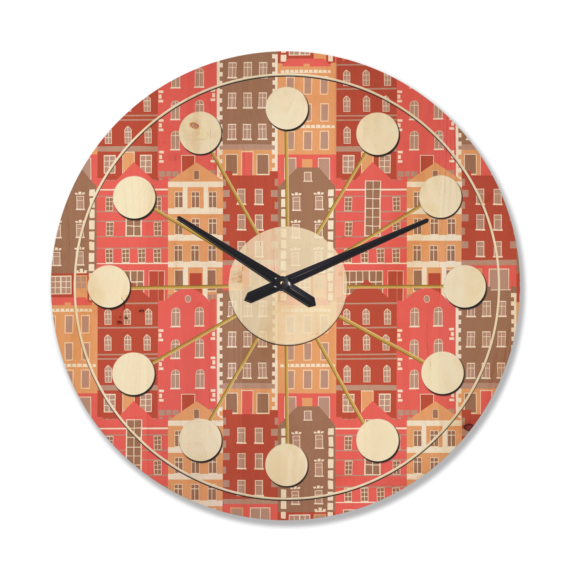 Designart 'Colorful Sotoies Houses' Mid-Century Modern Wood Wall Clock