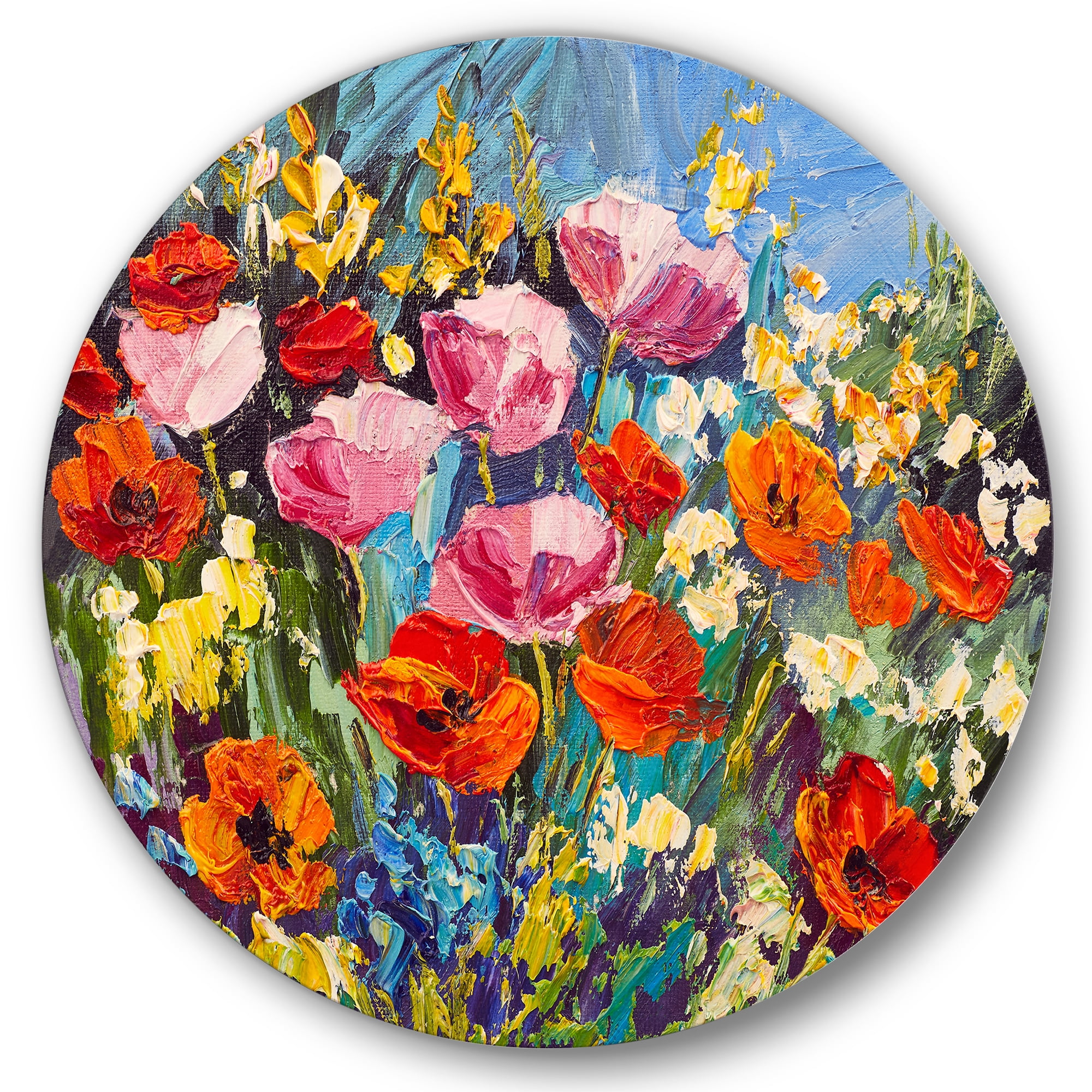 Designart 'Colorful Spring Poppies In Field' Traditional Circle Metal Wall Art 29x29 - Disc of 29