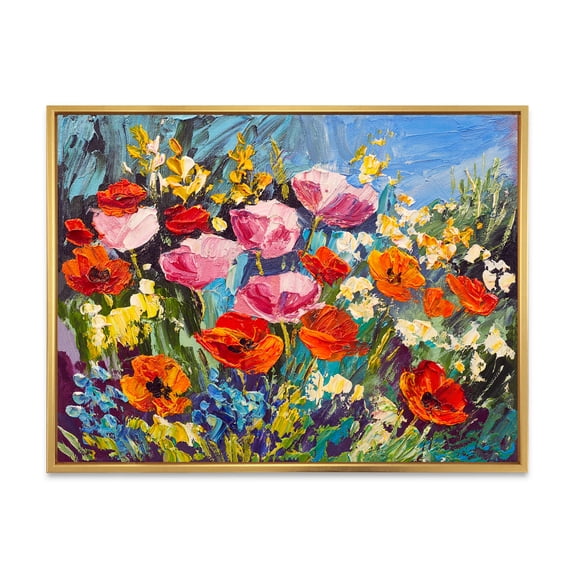 Designart 'Colorful Spring Poppies In Field' Traditional Framed Canvas Wall Art Print