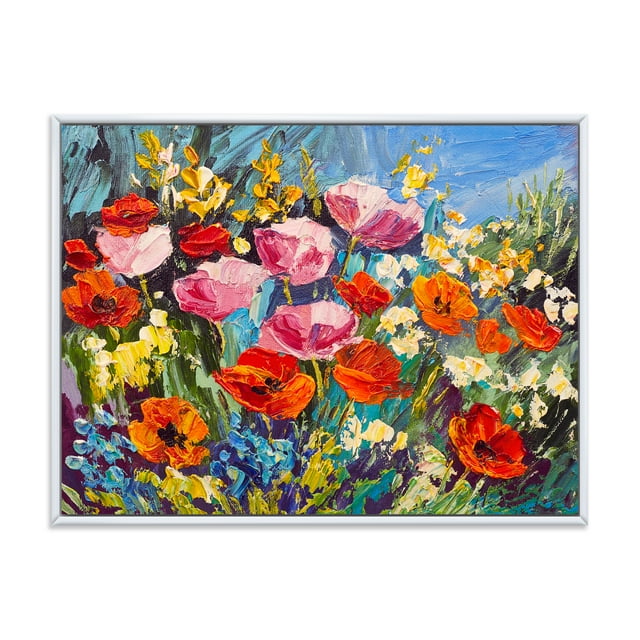 Designart 'Colorful Spring Poppies In Field' Traditional Framed Canvas Wall Art Print