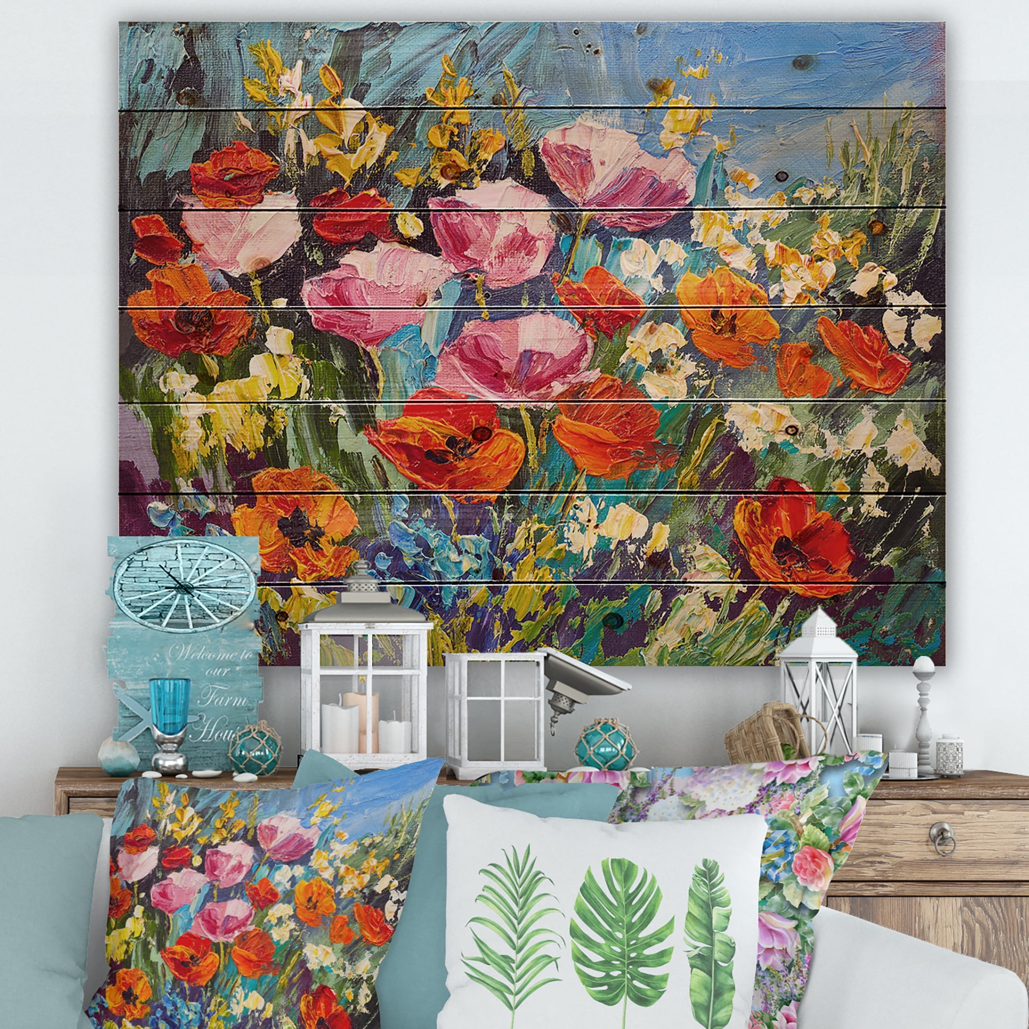 Designart 'Colorful Spring Poppies In Field' Traditional Print on Natural Pine Wood