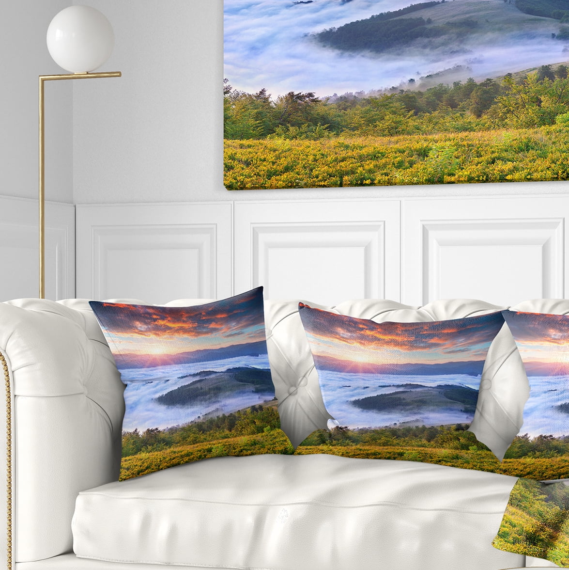 Designart Colorful Sunrise Over Foggy Waters - Landscape Photography Throw Pillow - 16x16