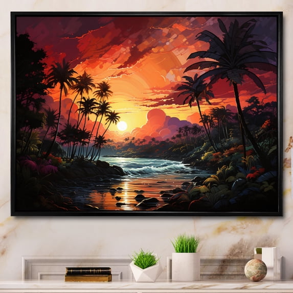 Designart "Colorful Sunset Palm Trees in Serene Beauty V" Palm Trees Floater Framed Wall Art Living Room