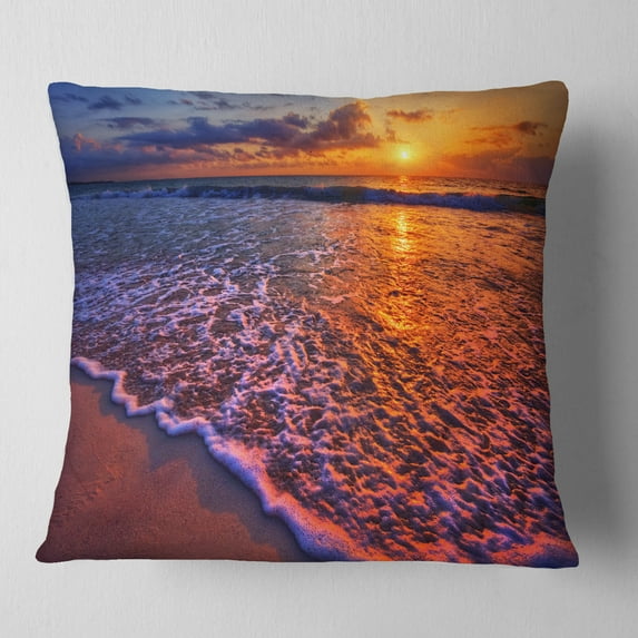 Designart Colorful Sunset and Wavy Waters - Seashore Throw Pillow - 16x16