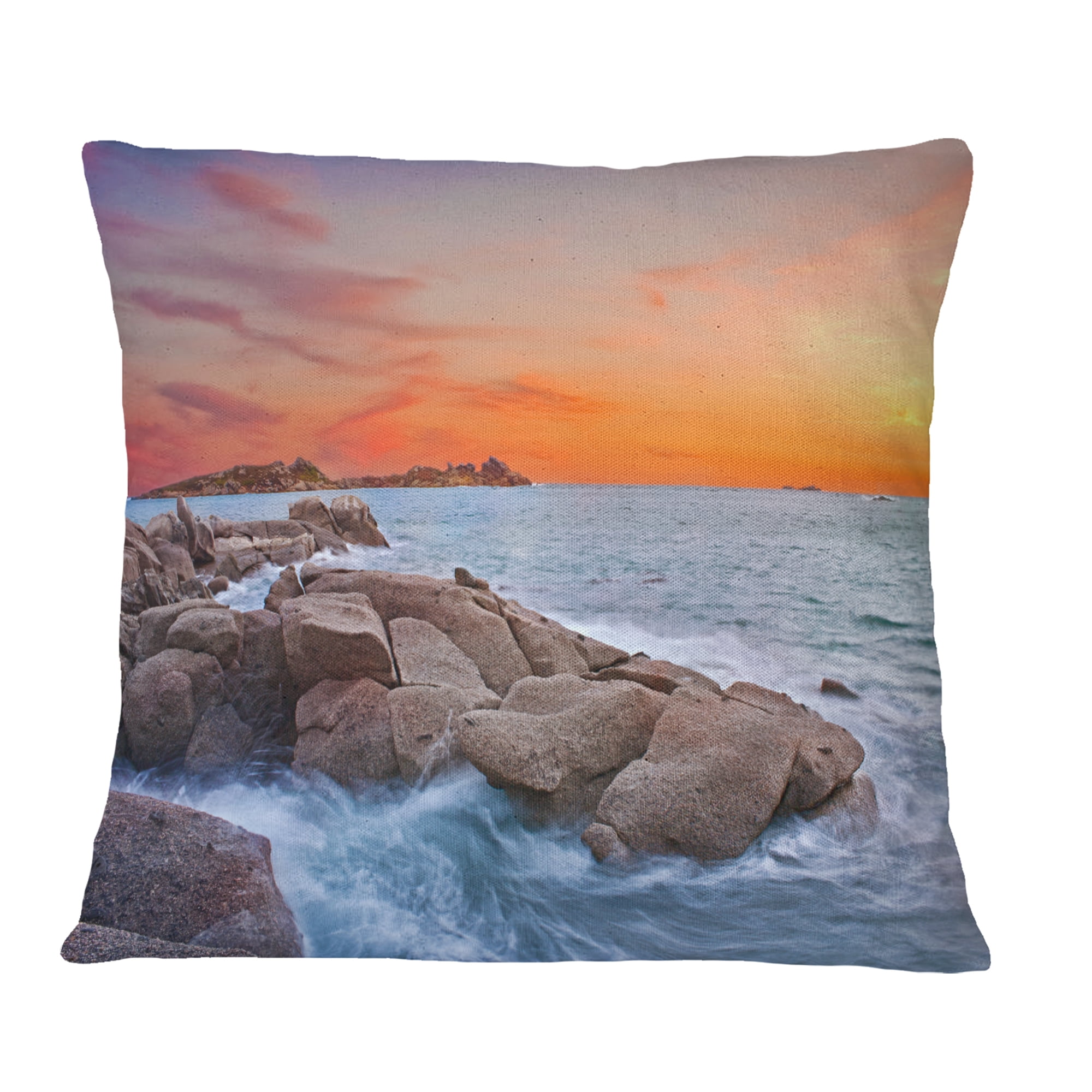 Designart Colorful Sunset at Rocky Seaside - Seashore Wall Throw Pillow - 16x16