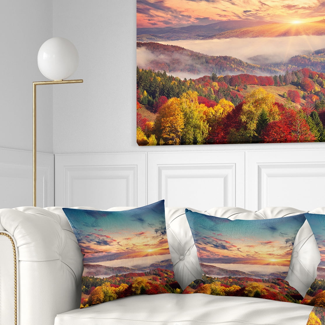Designart Colorful Sunset in Foggy Mountains - Landscape Printed Throw Pillow - 18x18
