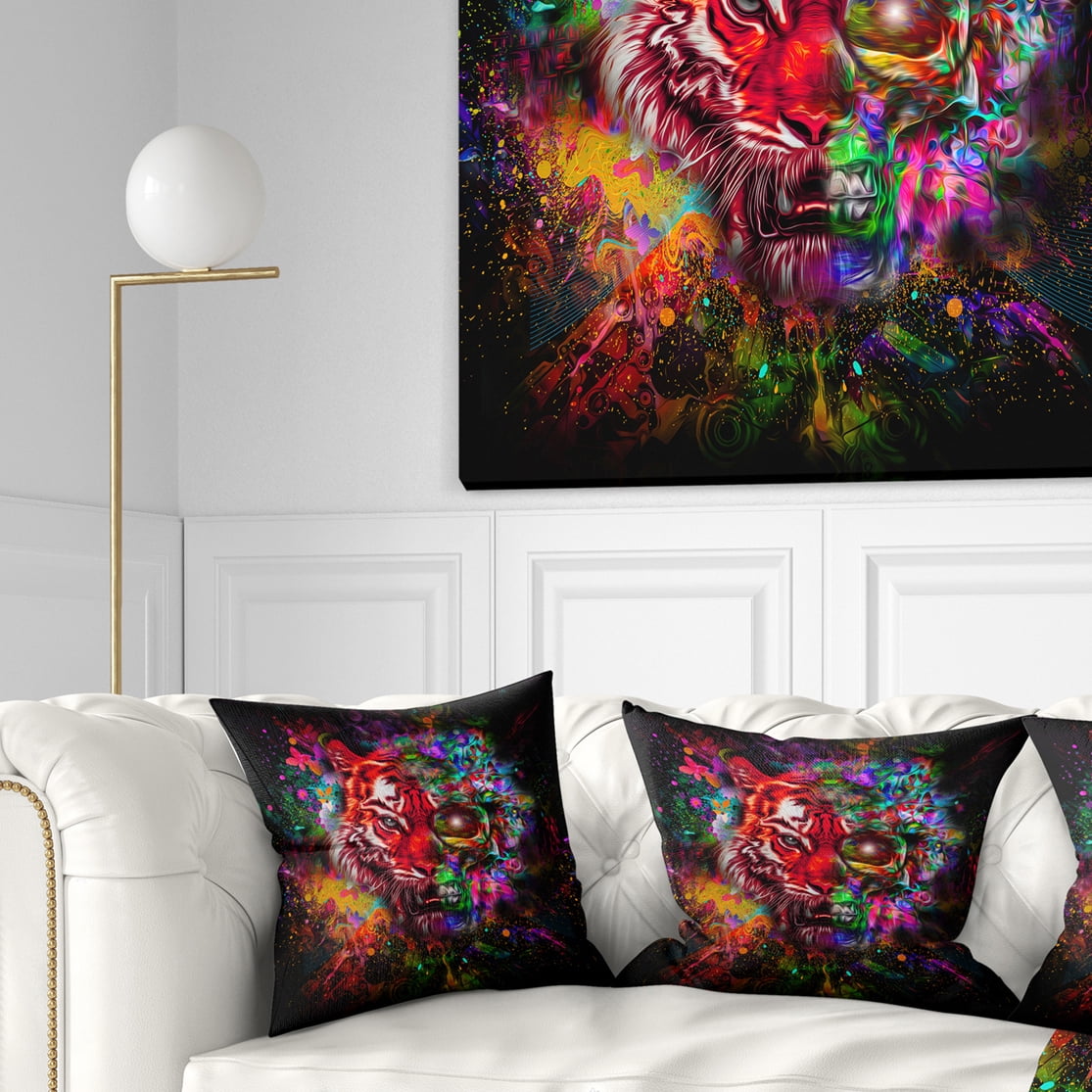 Designart Colorful Tiger Head with Half Skull - Abstract Throw Pillow - 18x18