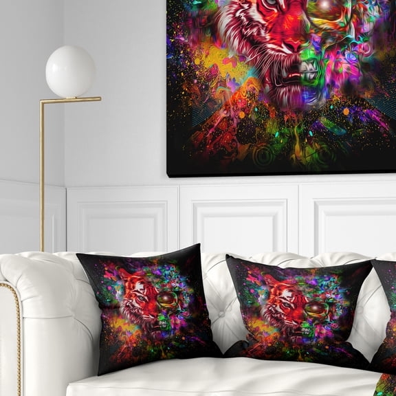 Designart Colorful Tiger Head with Half Skull - Abstract Throw Pillow - 18x18