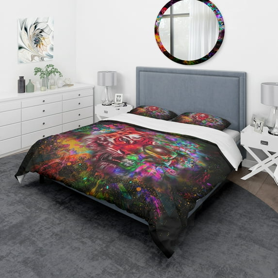 Designart 'Colorful Tiger Head with Half Skull' Modern & Contemporary Duvet Cover Set
