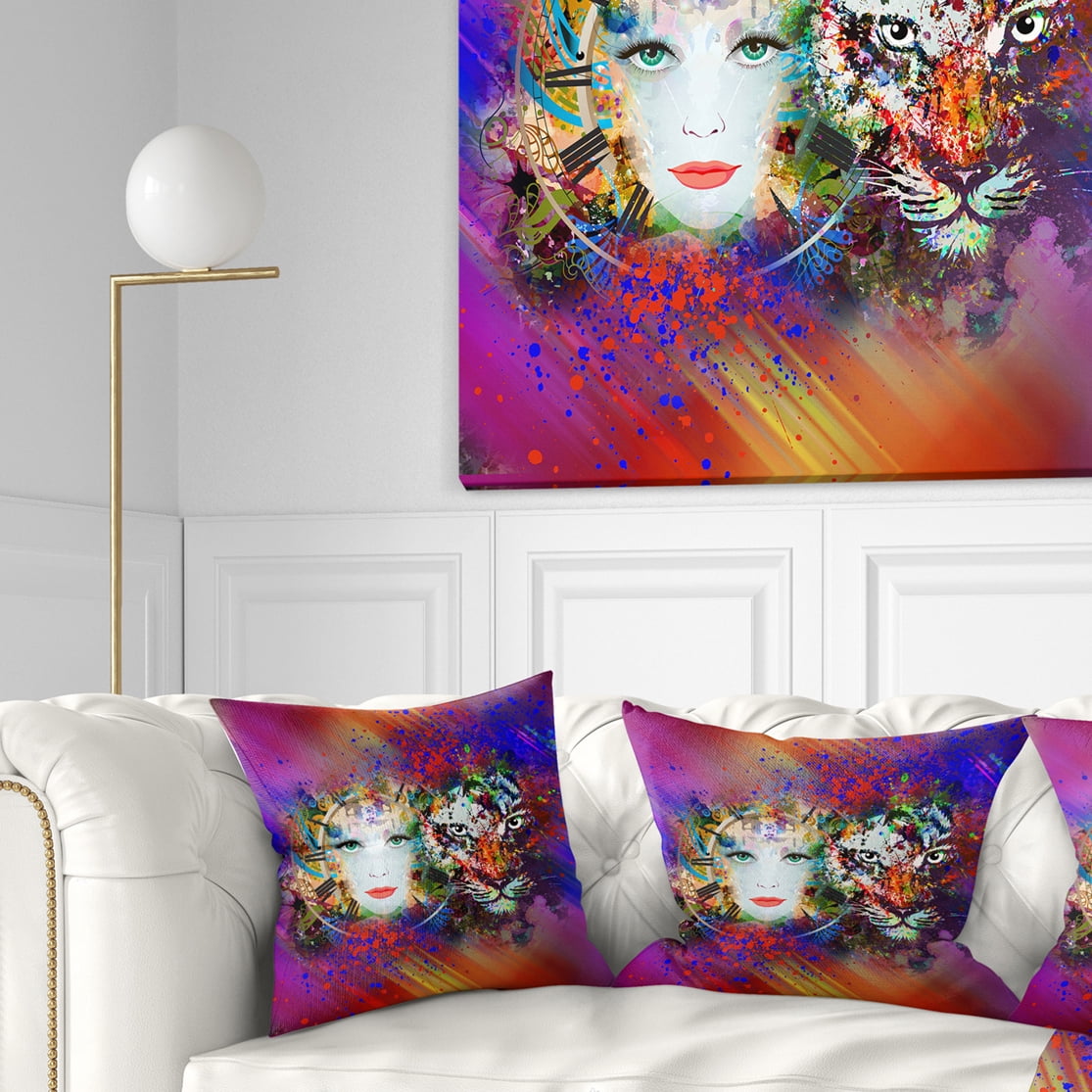 Designart Colorful Tiger and Woman Face - Abstract Throw Pillow - 16x16