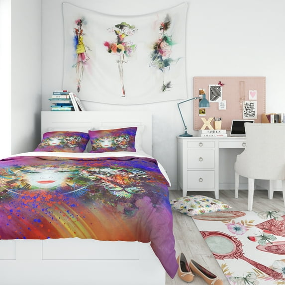 Designart 'Colorful Tiger and Woman Face' Modern Teen Duvet Cover Set