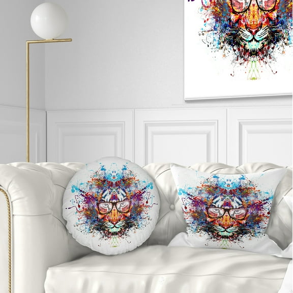 Designart Colorful Tiger in Glasses - Animal Throw Pillow - 12x20