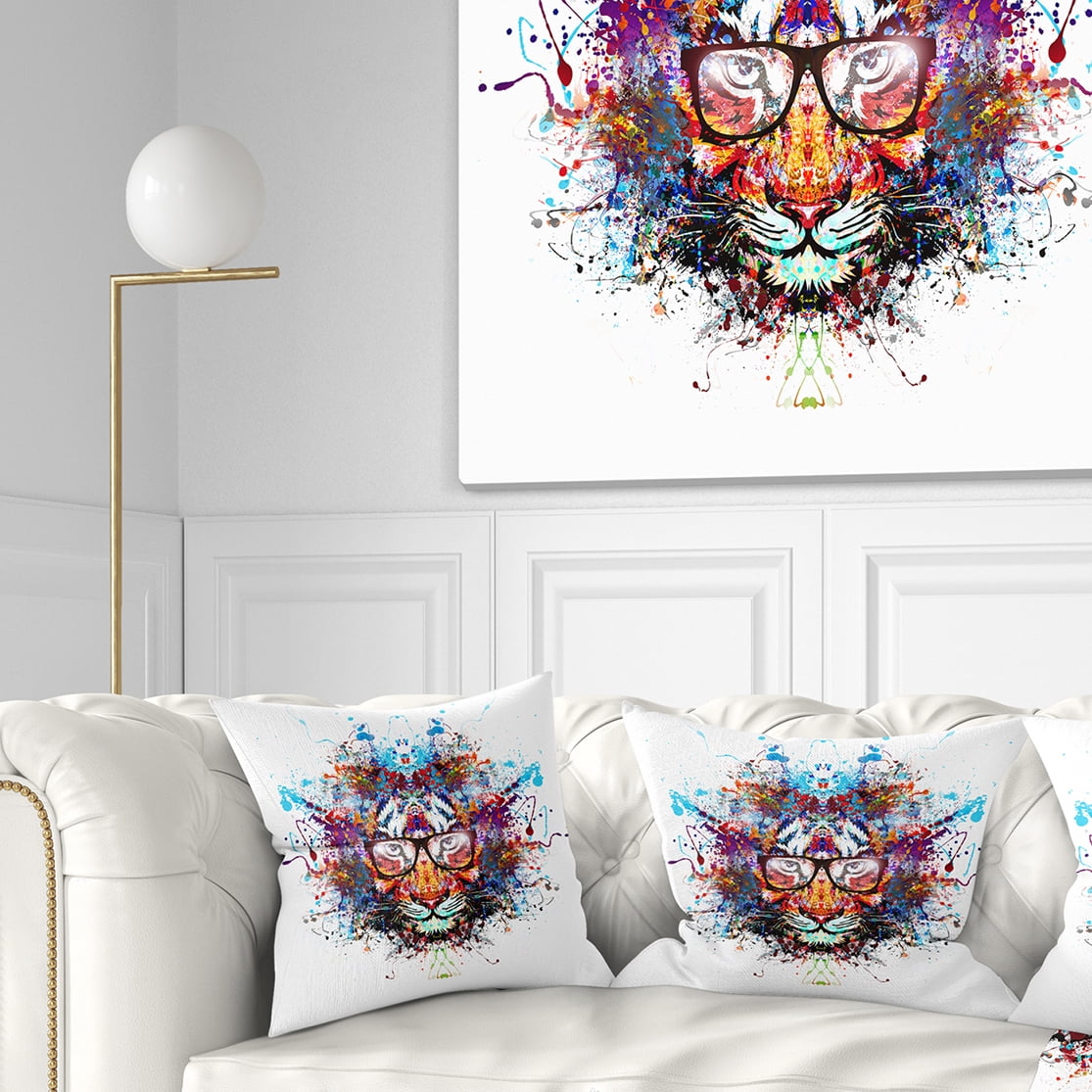 Designart Colorful Tiger in Glasses - Animal Throw Pillow - 16x16