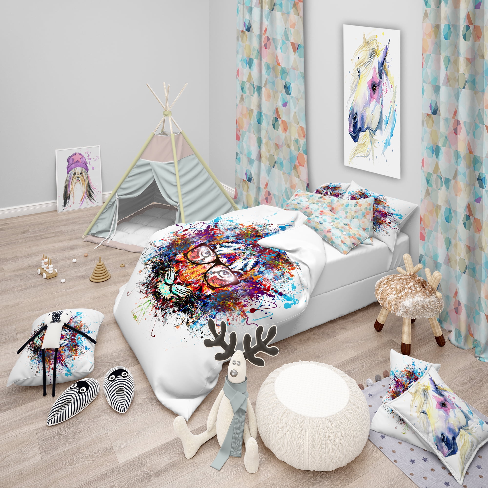 Designart 'Colorful Tiger in Glasses' Modern kids Duvet Cover Set