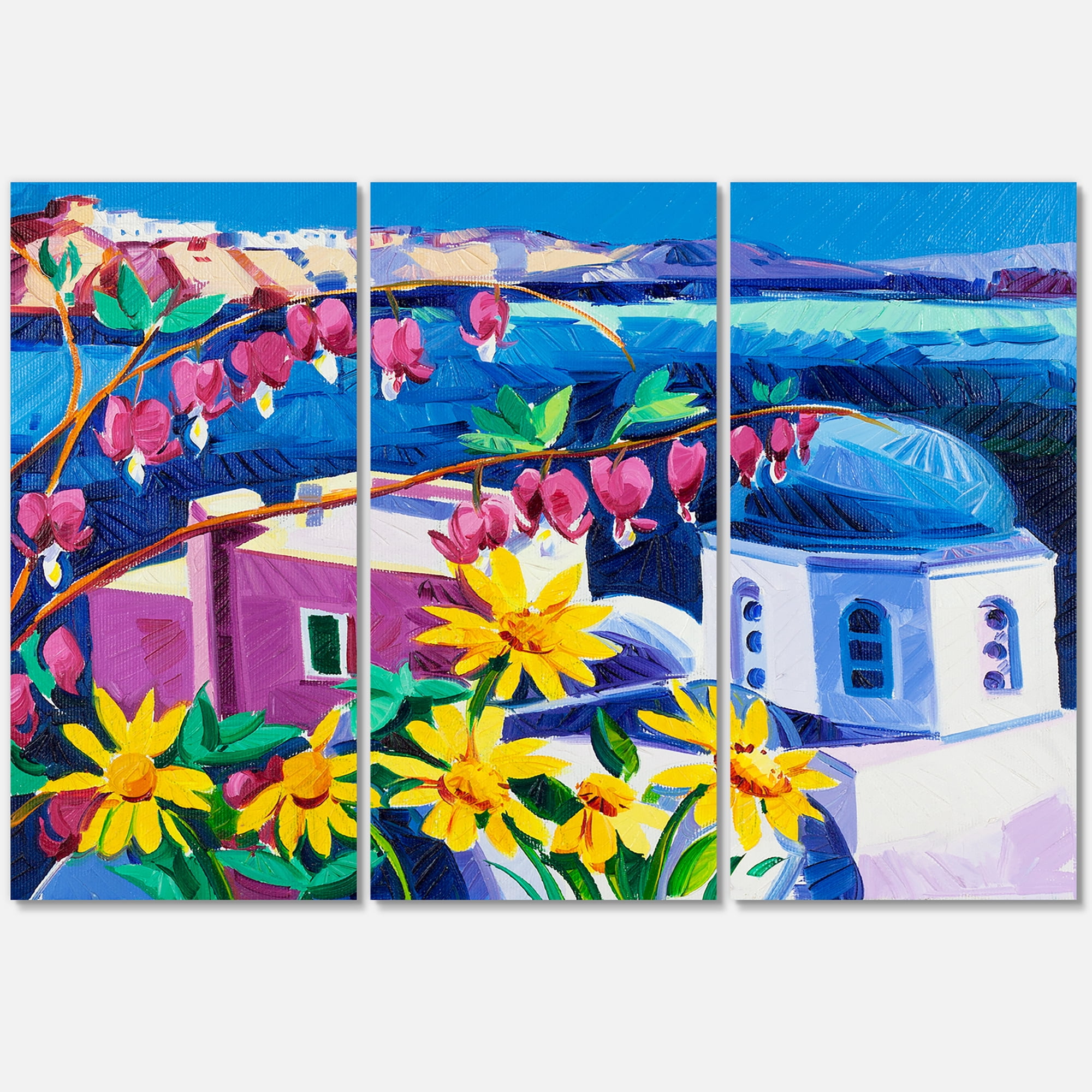 Designart ' Colorful Traditional Santorini Churches Among Flowers ' Nautical & Coastal Canvas Wall Art Print