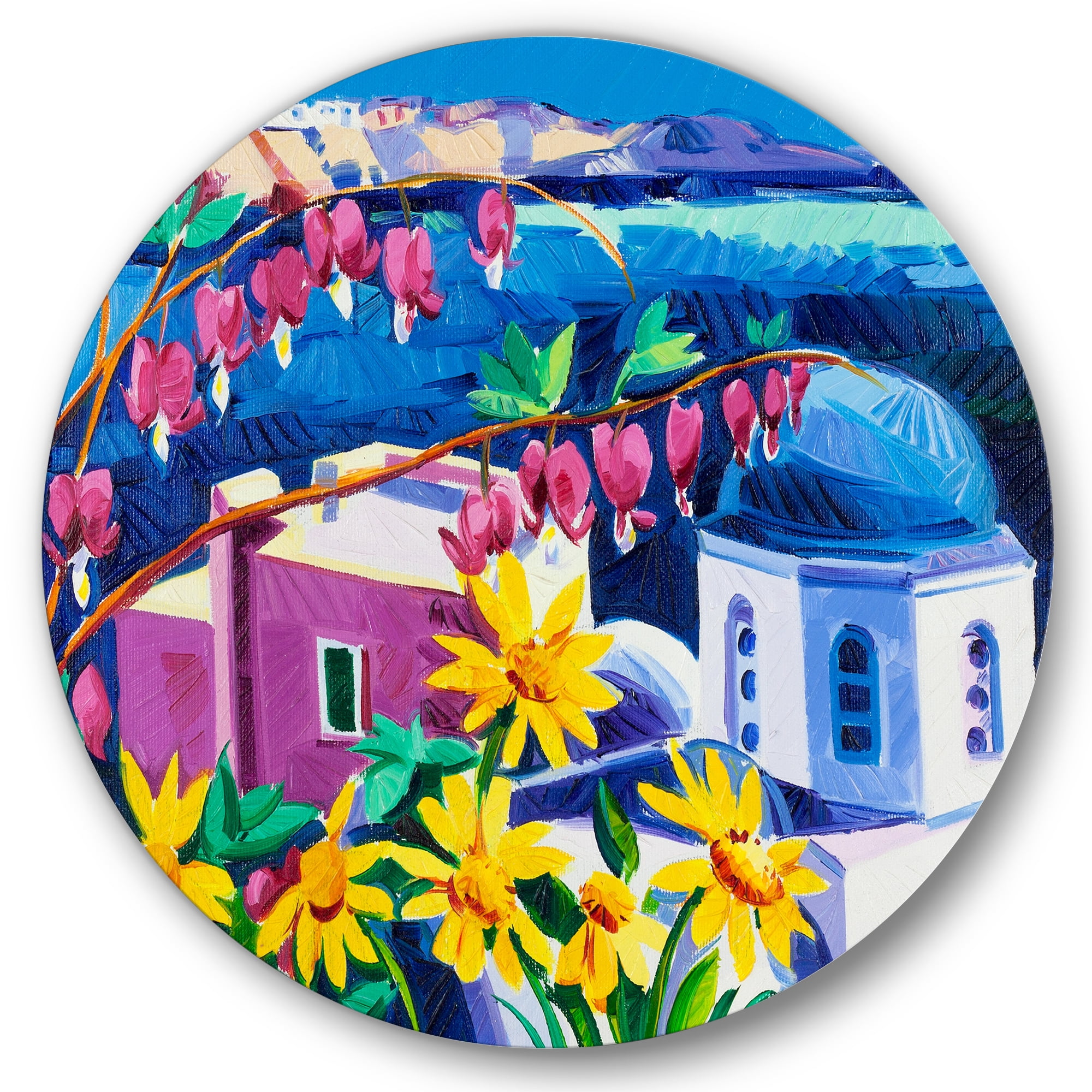 Designart 'Colorful Traditional Santorini Churches Among Flowers' Nautical & Coastal Circle Metal Wall Art 36x36 - Disc of 36