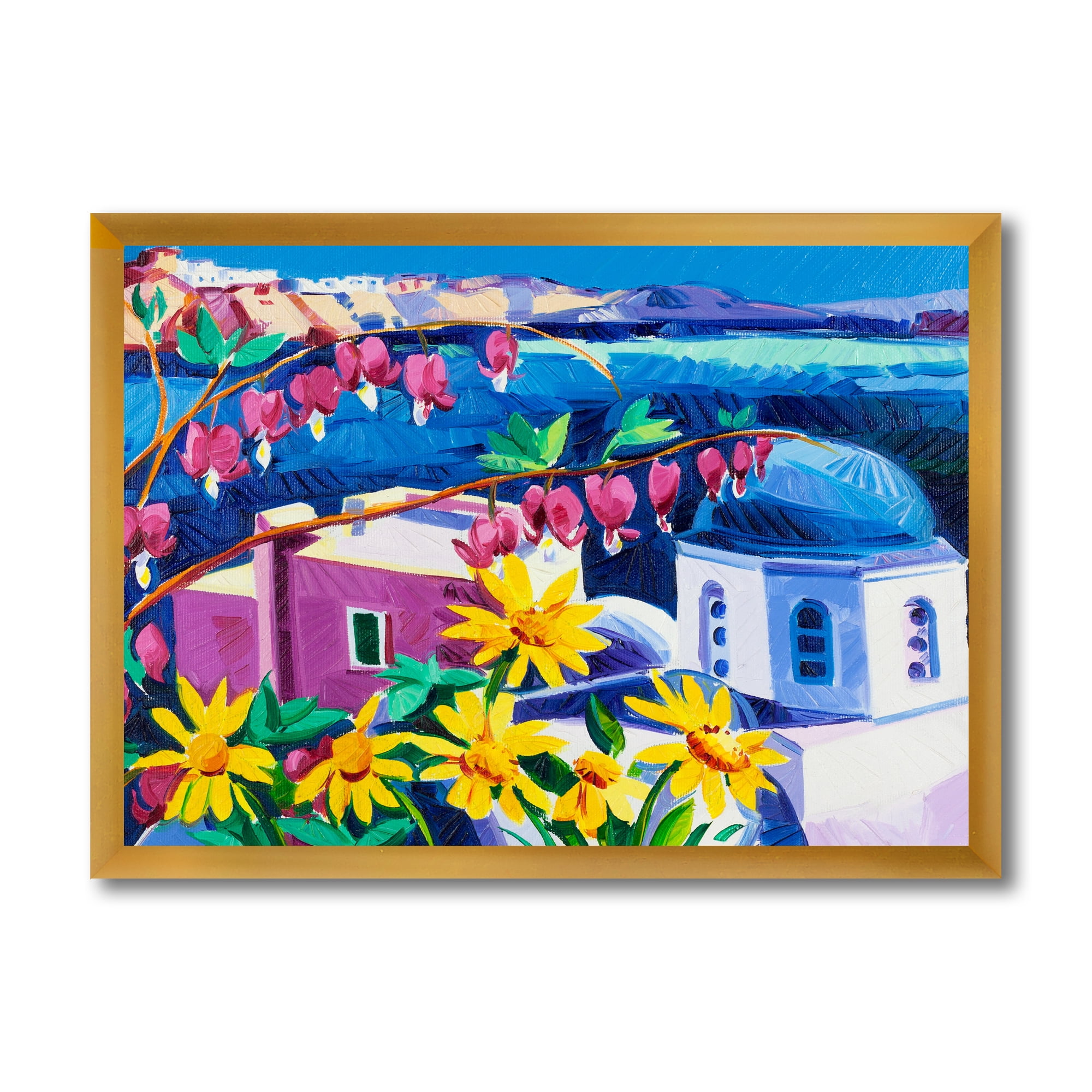 Designart 'Colorful Traditional Santorini Churches Among Flowers' Nautical & Coastal Framed Art Print