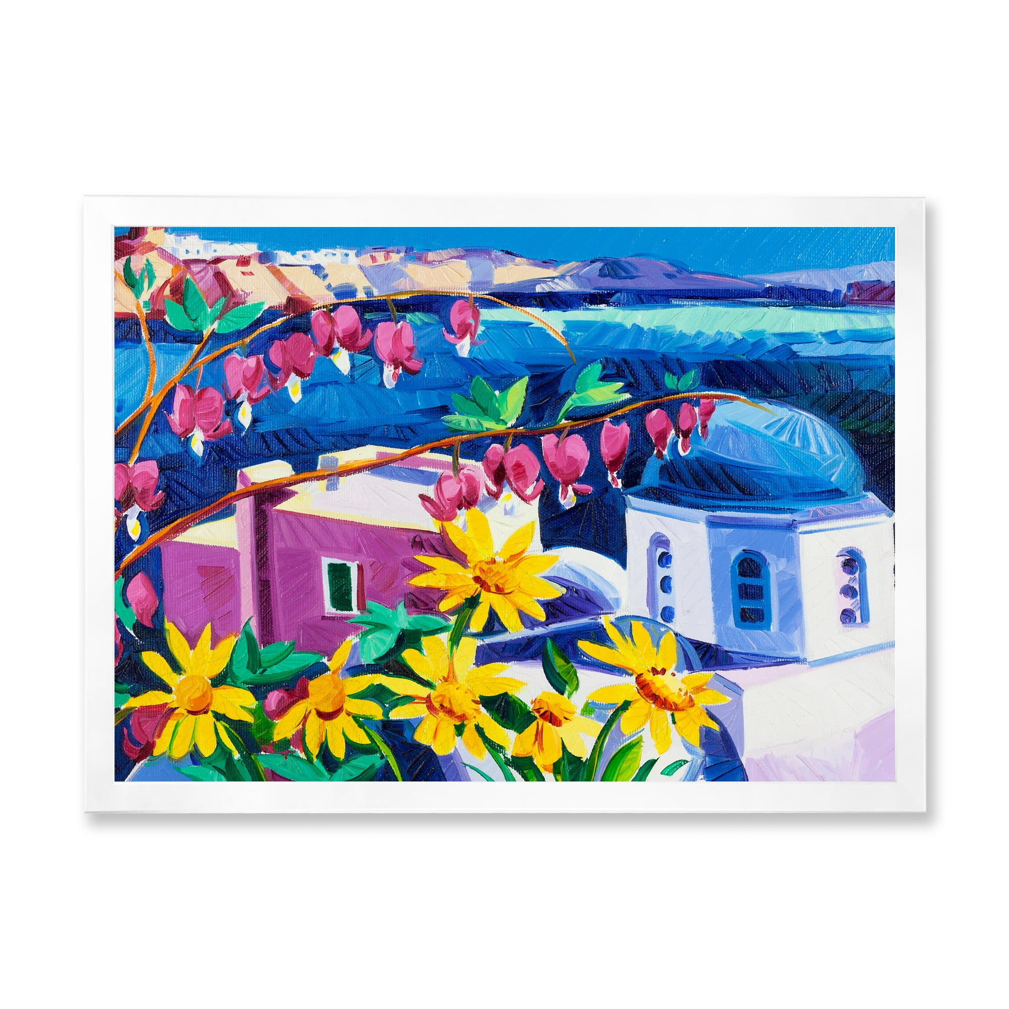Designart 'Colorful Traditional Santorini Churches Among Flowers' Nautical & Coastal Framed Art Print
