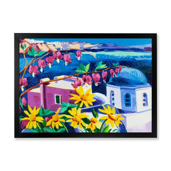 Designart 'Colorful Traditional Santorini Churches Among Flowers' Nautical & Coastal Framed Art Print