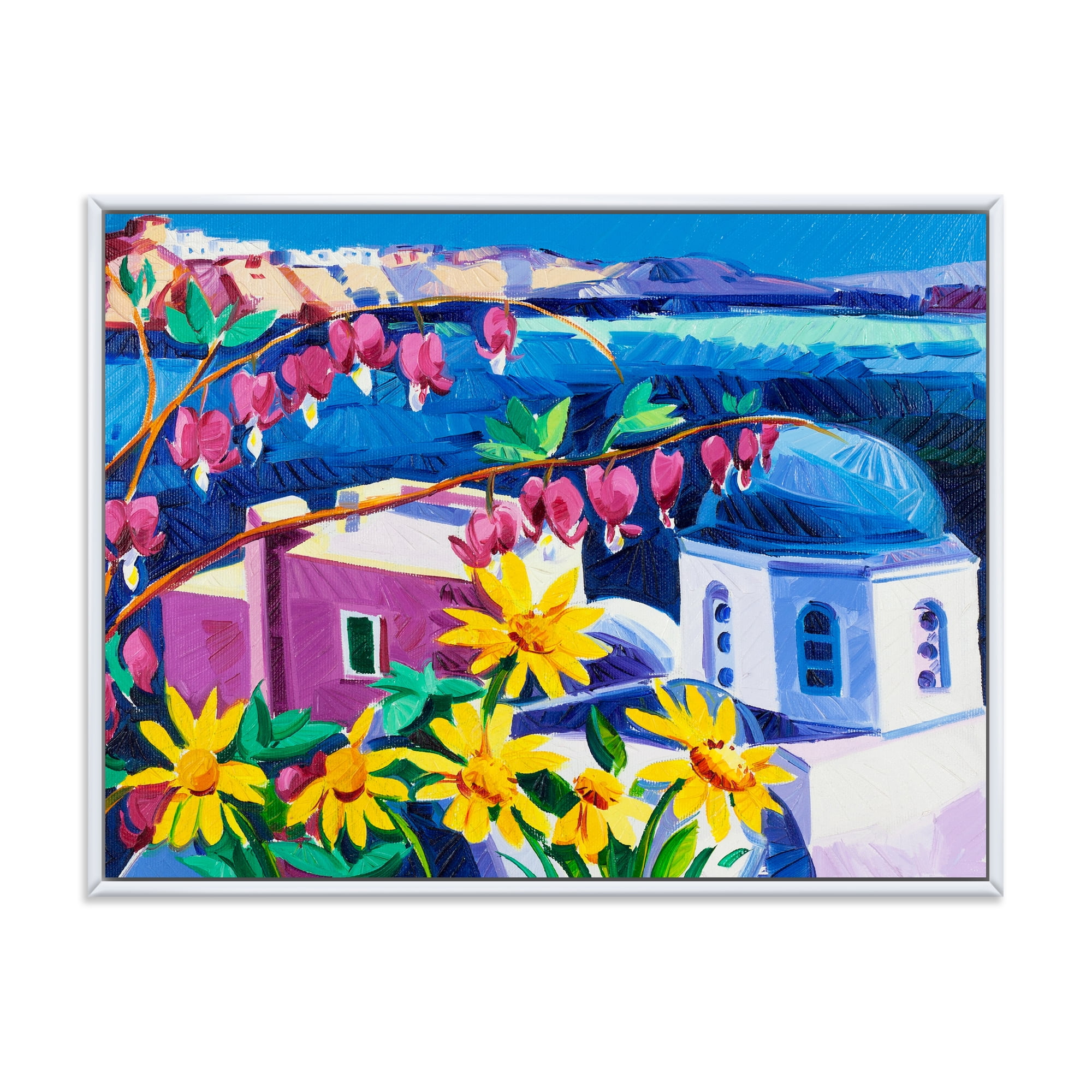 Designart 'Colorful Traditional Santorini Churches Among Flowers' Nautical & Coastal Framed Canvas Wall Art Print