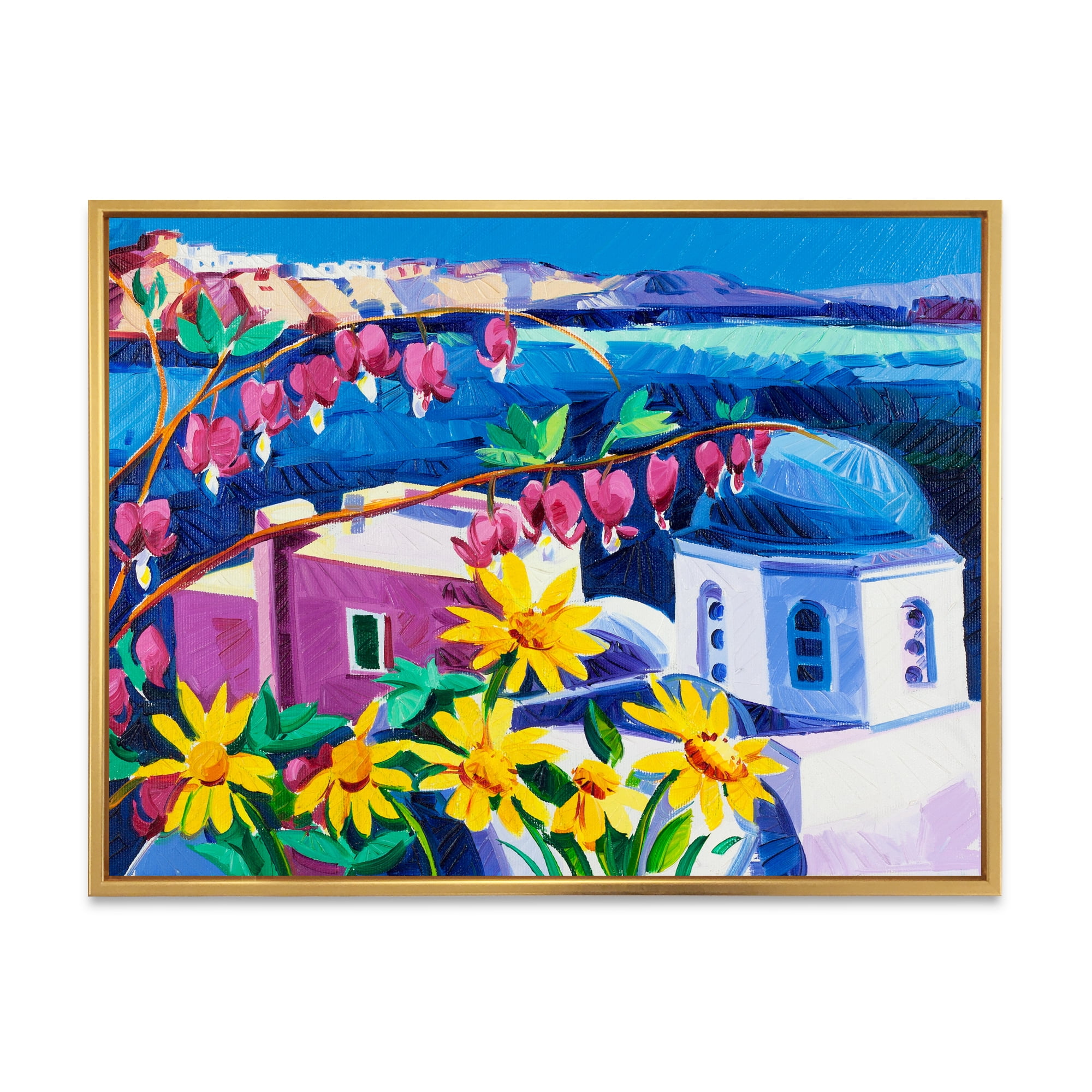 Designart 'Colorful Traditional Santorini Churches Among Flowers' Nautical & Coastal Framed Canvas Wall Art Print