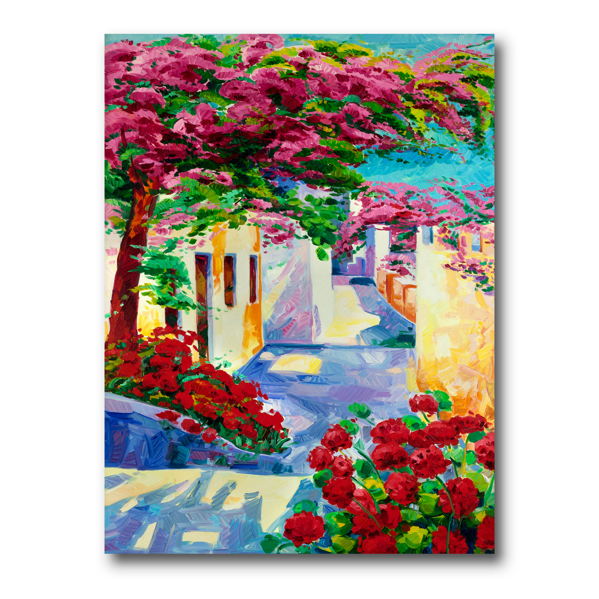 Designart ' Colorful Traditional Santorini Houses Among Flowers ' Nautical & Coastal Canvas Wall Art Print