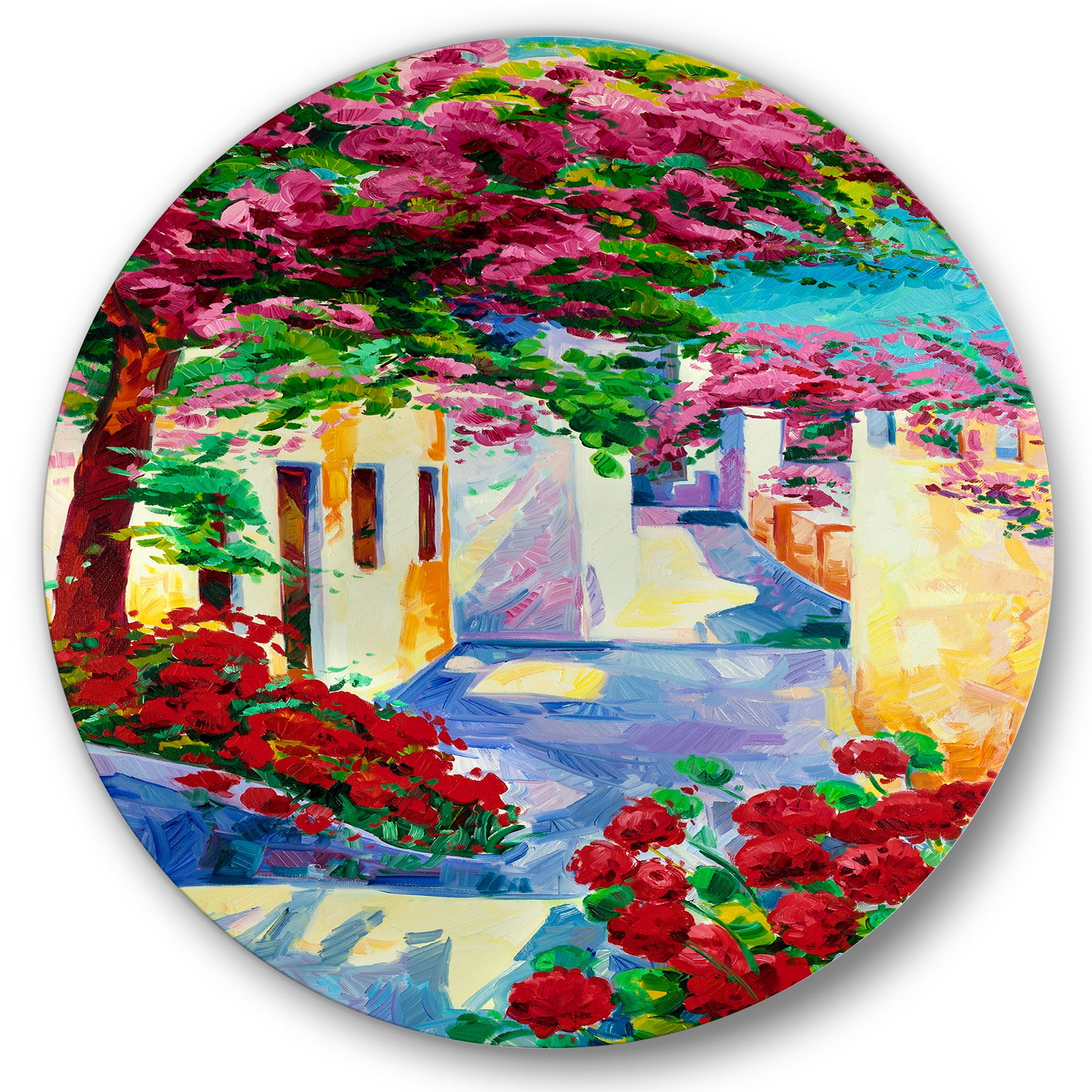 Designart 'Colorful Traditional Santorini Houses Among Flowers' Nautical & Coastal Circle Metal Wall Art 29x29 - Disc of 29