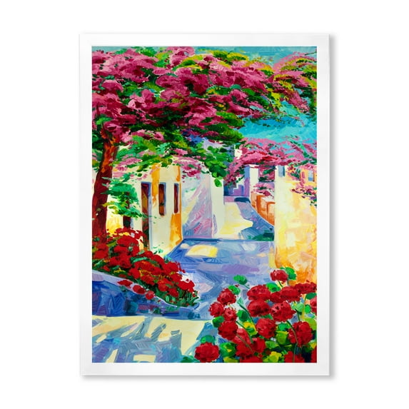 Designart 'Colorful Traditional Santorini Houses Among Flowers' Nautical & Coastal Framed Art Print