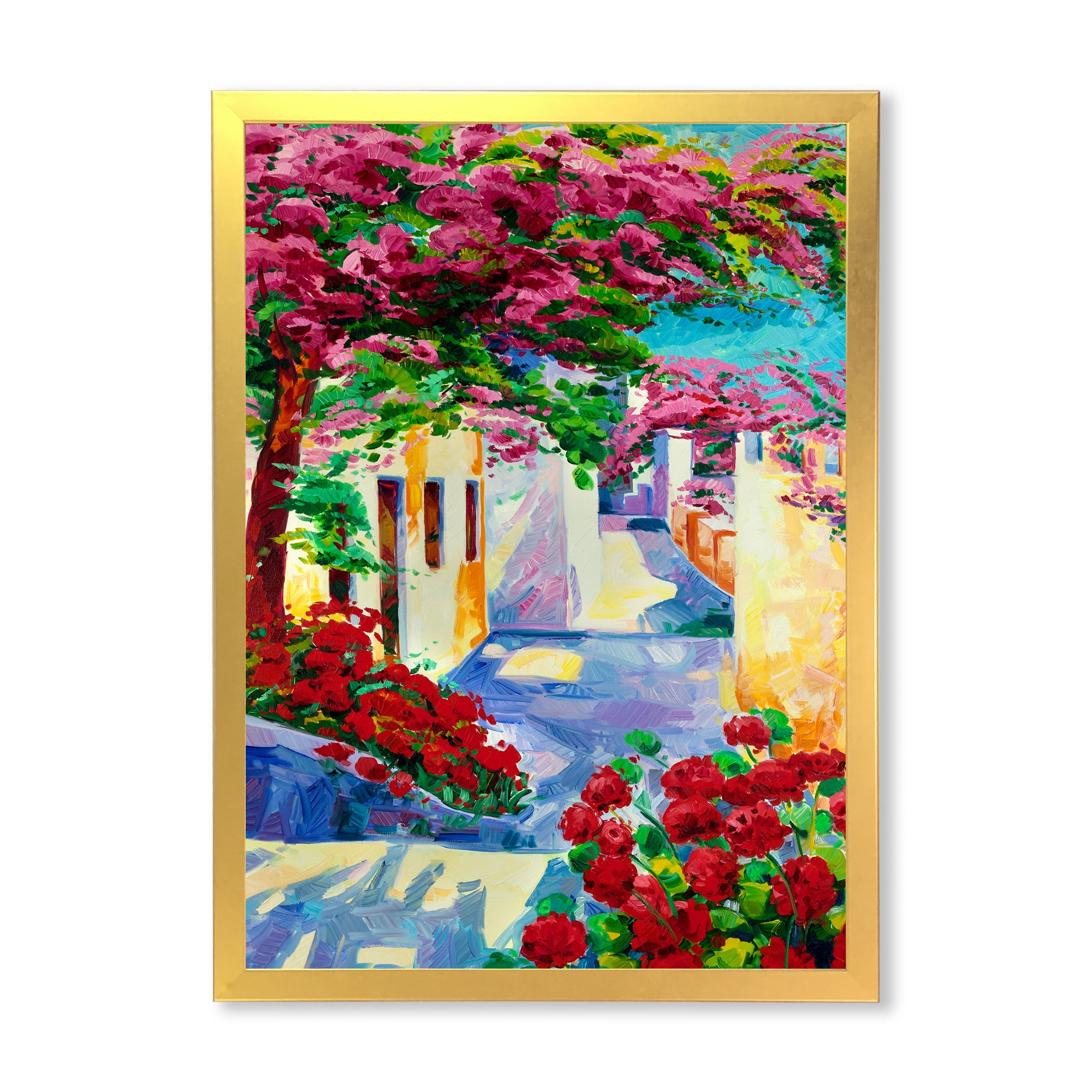 Designart 'Colorful Traditional Santorini Houses Among Flowers' Nautical & Coastal Framed Art Print