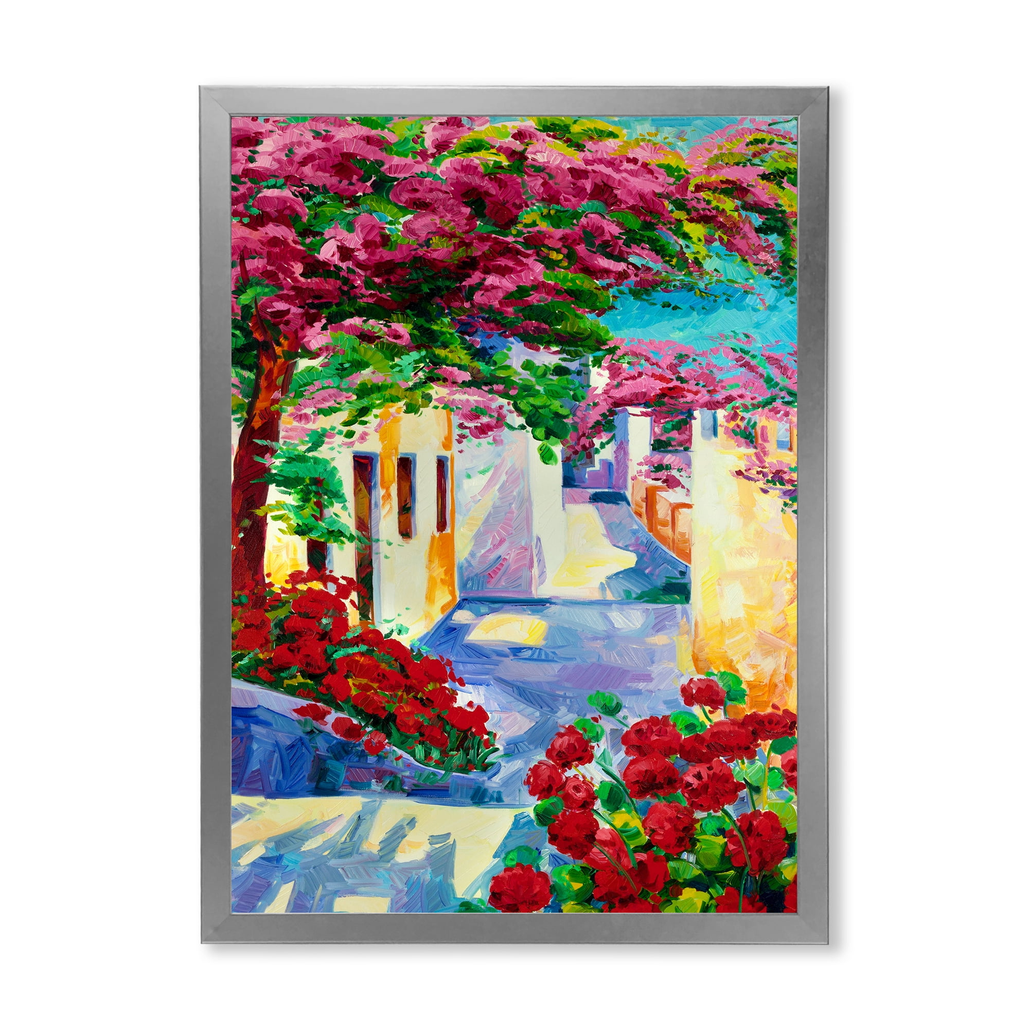 Designart 'Colorful Traditional Santorini Houses Among Flowers' Nautical & Coastal Framed Art Print